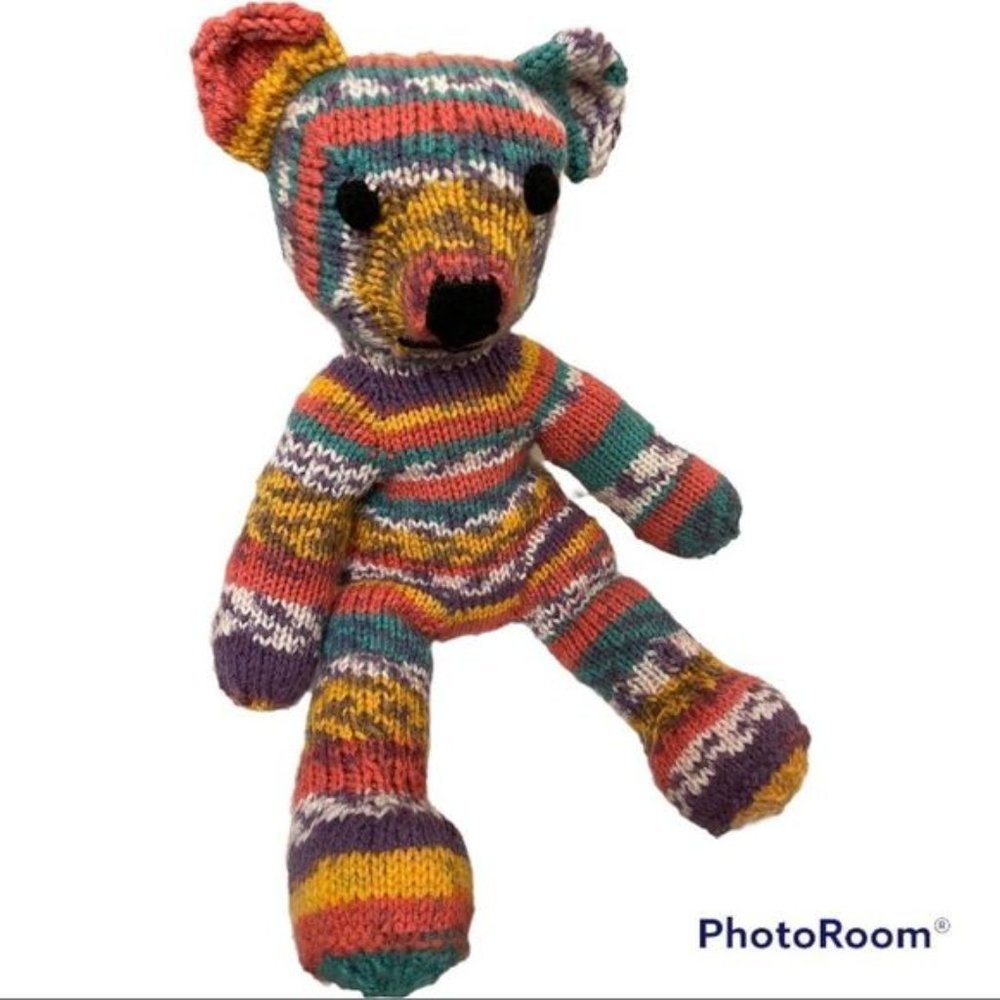 HAND knit stuffed multicolor teddy bear